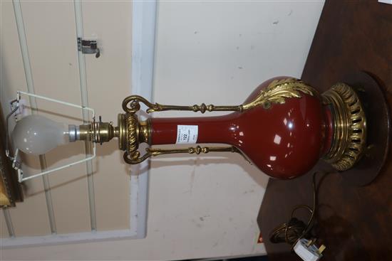 A Chinese ormolu mounted sang de boeuf vase, mounted as a table lamp height excl. fittings 38cm